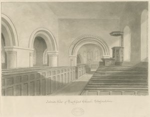 Interiør i Seighford Church: sepia-tegning av John Buckler