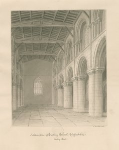 Interiør i Tutbury Priory Church: sepia vask tegning av John Buckler