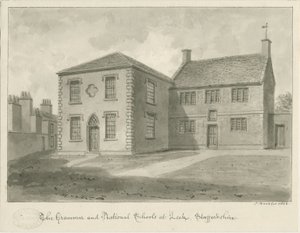 Leek Town - Grammar School: sepia-tegning, 1844 av John Buckler