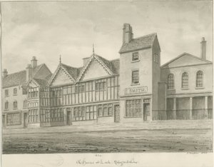 Leek Town - Old Houses: sepia-tegning, 1844 av John Buckler