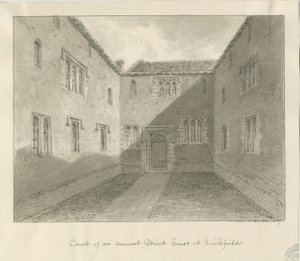 Lichfield - Court Yard of Old House in The Close: sepia-tegning av John Buckler