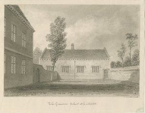 Lichfield - Grammar School: sepia-tegning av John Buckler