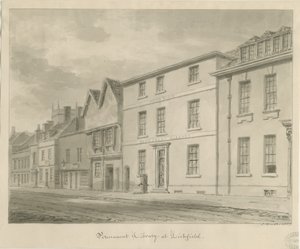 Lichfield - Bibliotek: sepia-tegning, 1833 av John Buckler