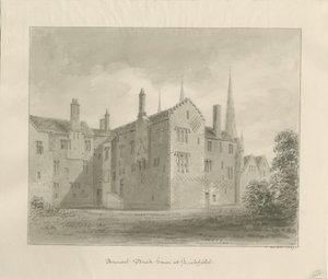 Lichfield - Old House in The Close: sepia-tegning av John Buckler