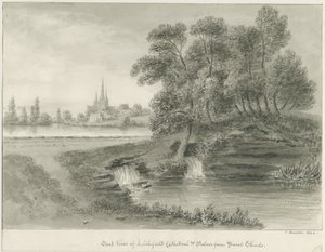 Lichfield Cathedral - East View: sepia-tegning, 1844 av John Buckler