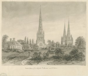 Lichfield Cathedral - North View: sepia-tegning, 1838 av John Buckler