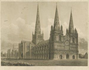Lichfield Cathedral - North West View: akvatintgravering, nd [1807] av John Buckler