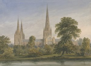 Lichfield Cathedral - South East View: vannfargemaleri, nd [?1842] av John Buckler