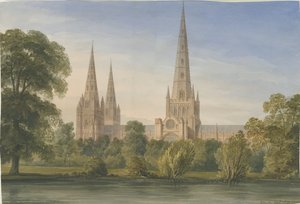 Lichfield Cathedral - South South East View: vannfargemaleri, 1842 av John Buckler