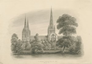 Lichfield Cathedral - South View: sepia-tegning, 1841 av John Buckler