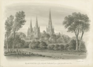Lichfield Cathedral - South West View: sepia-tegning av John Buckler
