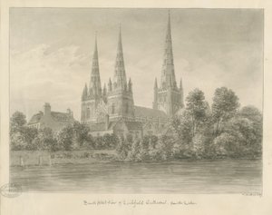 Lichfield Cathedral - South West View: sepia-tegning av John Buckler
