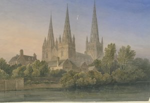 Lichfield Cathedral - South West View: vannfargemaleri, 1839 av John Buckler