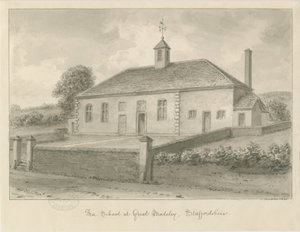 Madeley - Free School: sepia-tegning, 1840 av John Buckler
