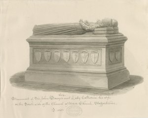 Maer Church - Monument til Sir John Bowyer og Lady Catherine: sepia vasketegning, 1843 av John Buckler