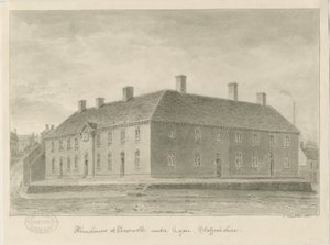 Newcastle-under-Lyme - Almshouses: sepia-tegning, 1840 av John Buckler