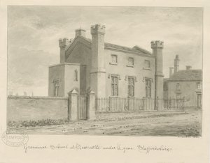 Newcastle-under-Lyme - Grammar School: sepia vasketegning, 1840 av John Buckler