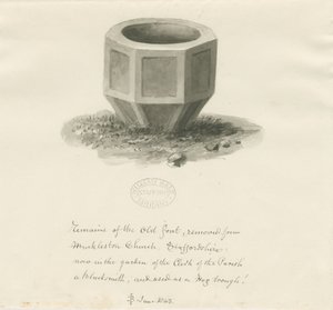 Gammel skrift fra Mucklestone Church: sepia vasketegning, juni 1843 (tegning) av John Buckler