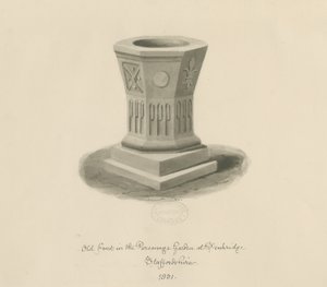 Penkridge - Font in Parsonage Garden: sepia-tegning av John Buckler