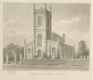 Rugeley Church (Ny): sepia vask tegning av John Buckler