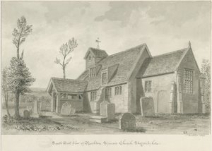 Rushton Spencer Church: sepia vasketegning, 1844 av John Buckler