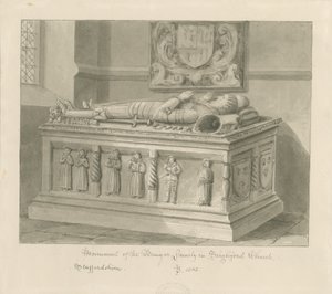 Seighford Church - Tomb of William and Mercy Bowyer: sepia vasketegning, 1842 av John Buckler