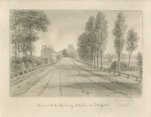 Stafford - Approach to Railway Station: sepia-tegning av John Buckler