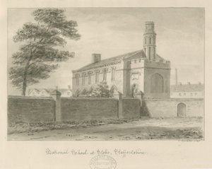 Stoke-upon-Trent - National School: sepia-tegning, 1840 av John Buckler