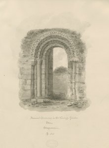 Stone - Ancient Doorway in Vicarage Garden: sepia-tegning, 1841 av John Buckler