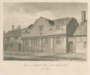 Tamworth - Grammar School: sepia-tegning, 1838 av John Buckler