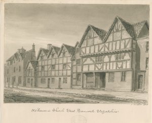 Tamworth - Old Houses in Church Street: sepia vasketegning, 1838 av John Buckler
