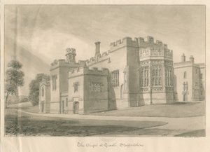 Tixall - Kapell i Tixall Hall: sepia vasketegning, 1841 av John Buckler