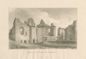 Tutbury Castle - Remains from Inner Courtyard: sepia vask tegning, 1812 av John Buckler