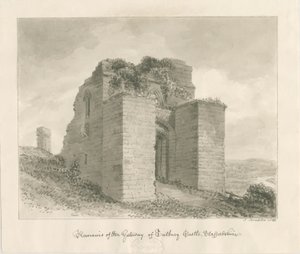 Tutbury Castle - Remains of the Gateway: sepia vask tegning av John Buckler