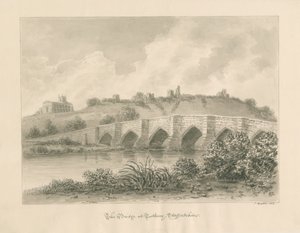 Tutbury Castle, Church and Bridge: sepia vask tegning av John Buckler