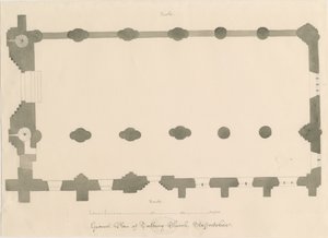 Tutbury Priory Church - Plan: blyant- og sepia-tegning, nd [?1812] (tegning) av John Buckler