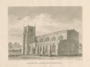 Tutbury Priory Church: sepia vasketegning, 1812 av John Buckler