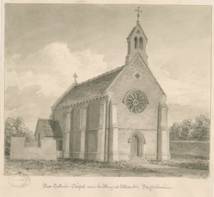 Uttoxeter Town - New Catholic Chapel: sepia-tegning av John Buckler