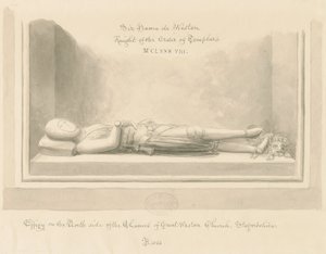 Weston-under-Lizard Church - Effigy of Sir Hamo de Weston: sepia vasketegning, 1842 av John Buckler