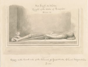 Weston-under-Lizard Church - Effigy of Sir Hugh de Weston: sepia-tegning, 1842 av John Buckler