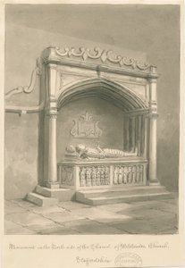 Wolstanton Church - Monument: sepia vask tegning av John Buckler