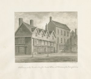 Wolverhampton - Gamle hus på sørsiden av markedsplassen: sepia-tegning, 1847 av John Buckler