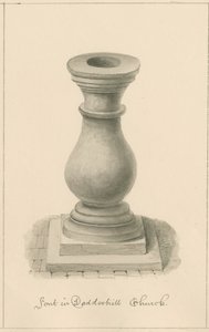 Worcestershire - Droitwich - Dodderhill Church Font: sepia-tegning, 1833 av John Buckler