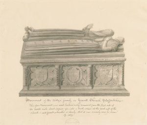 Yoxall Church - Monument over Wellys familie: sepia-tegning av John Buckler