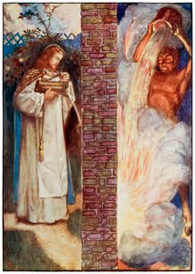 Kristus og djevelen fra The Pilgrims Progress From This World, To That What Is To Come av John Bunyan (1628-1688) Illustrasjon av Byam Shaw (1872-1919) som viser brannen i veggen. Djevelen prøver av John Byam Liston Shaw
