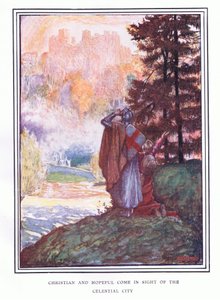 Kristne og håpefulle kommer i syne av den himmelske byen av John Byam Liston Shaw