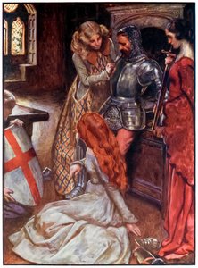 Christian bevæpnet fra The Pilgrims Progress From This World, To That What Is To Come av John Bunyan (1628-1688) Illustrasjon av Byam Shaw (1872-1919), Christian i våpenhuset på Palace Beautiful b av John Byam Liston Shaw