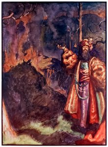 Demas fra The Pilgrims Progress From This World, To That What Is To Come av John Bunyan (1628-1688) Illustrasjon av Byam Shaw (1872-1919) som viser Demas som inviterer pilegrimene til å jobbe med sølvgruven av John Byam Liston Shaw