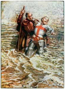 Hopeful hjelper Christian med å krysse elven fra The Pilgrims Progress From This World, To That Who Is To Come av John Bunyan (1628-1688) Illustrasjon av Byam Shaw (1872-1919), pilegrimene krysser av John Byam Liston Shaw