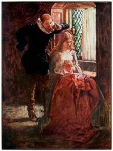 Mr Brisk and Mercy from The Pilgrims Progress From This World, To That Who Is To Come av John Bunyan (1628-1688) Illustrasjon av Byam Shaw (1872-1919), Mr Brisk kurtiserer nåde til han oppdager henne i av John Byam Liston Shaw